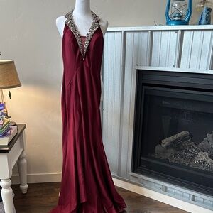 Beaded Halter Burgundy Prom Gown